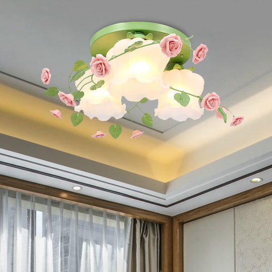 Blooming Beauty: Opal Glass 3-Head Flush Mount Ceiling Light with Countryside Charm in White/Green for Bedrooms