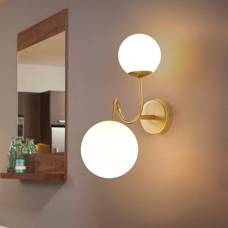 Contemporary Gold Metal Wall Sconce With Curved Arms 2 Heads And White Glass Shade