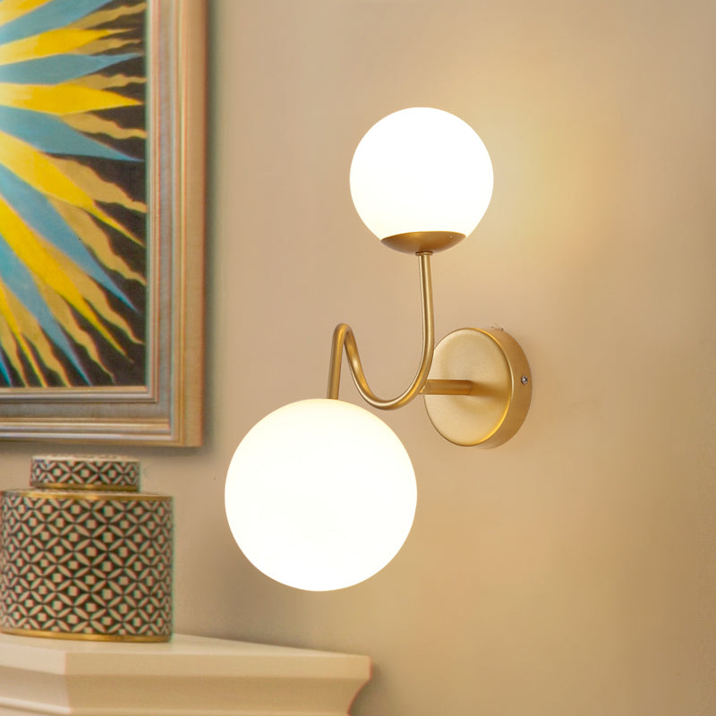 Contemporary Gold Metal Wall Sconce With Curved Arms 2 Heads And White Glass Shade