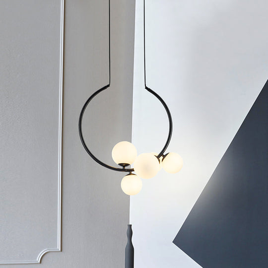 5-Bulb Orb Chandelier With Milky Glass Shade: Modern Ceiling Light In White/Black Black