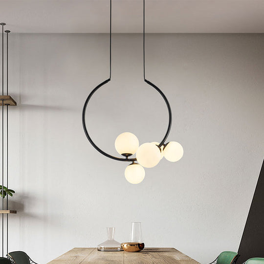 Contemporary 5-Bulb Chandelier - White/Black Orb Ceiling Lamp with Milky Glass Shade
