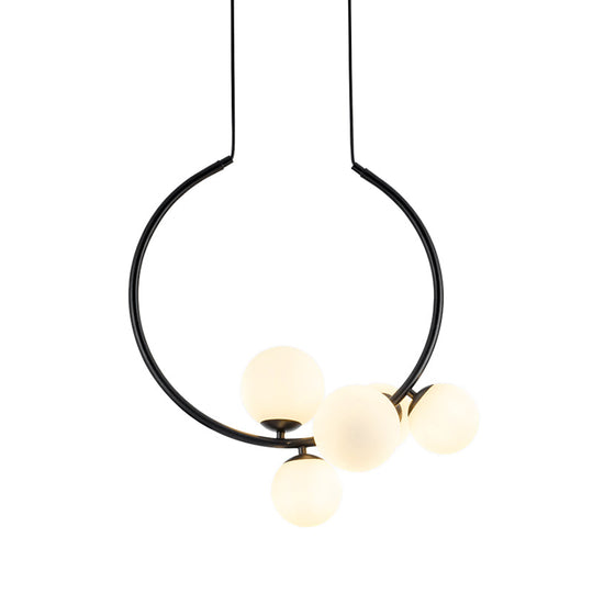 5-Bulb Orb Chandelier With Milky Glass Shade: Modern Ceiling Light In White/Black