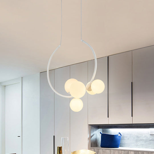 Contemporary 5-Bulb Chandelier - White/Black Orb Ceiling Lamp with Milky Glass Shade