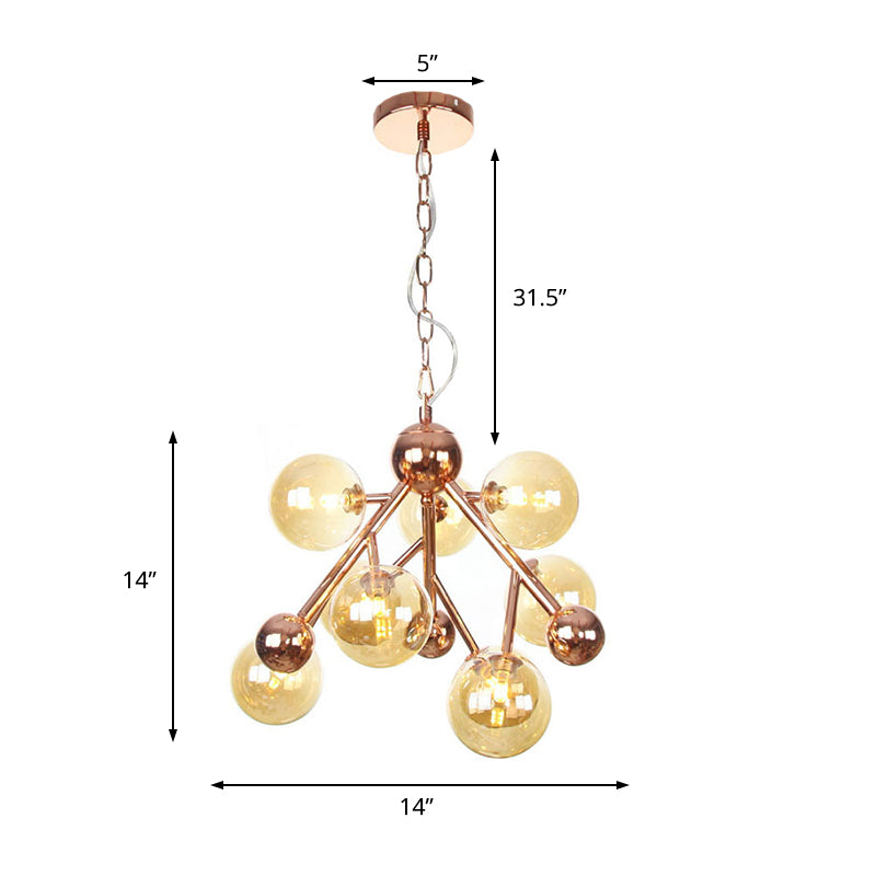 Modern Amber Glass Spherical 9-Light Chandelier for Living Room Ceiling