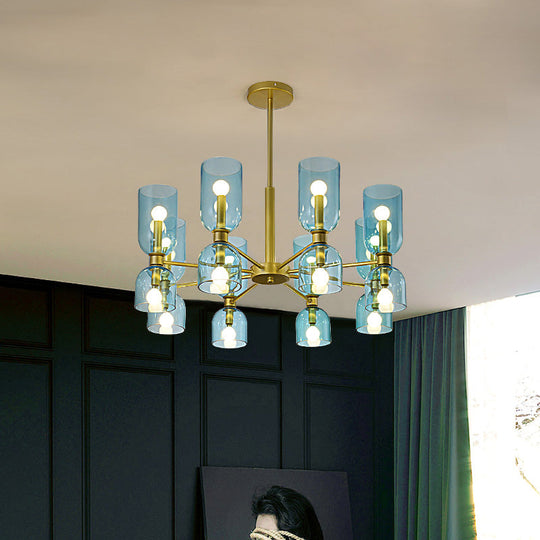 16-Head Modernist Chandelier Lamp in Black/Gold with Cylinder Pendant Light & Glass Shade (White/Blue)