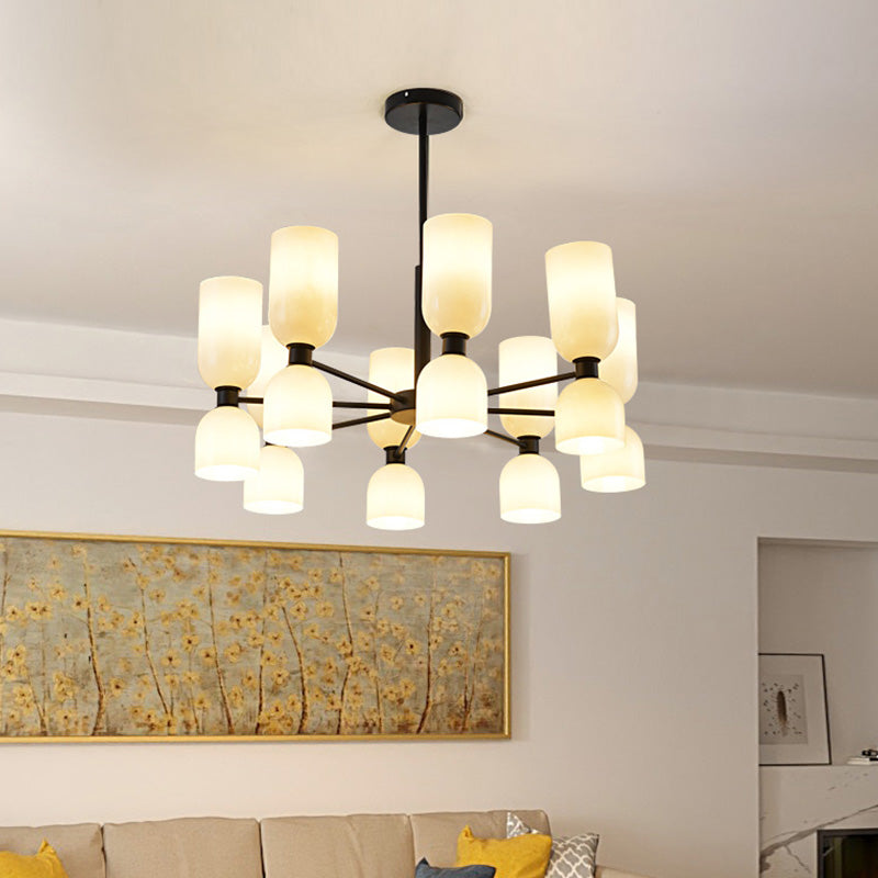 16-Head Modernist Chandelier Lamp in Black/Gold with Cylinder Pendant Light & Glass Shade (White/Blue)