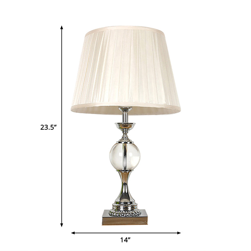 Rustic Table Lamp With Pleated Shade Fabric And Crystal Ball Deco - Bedroom Night Light In White