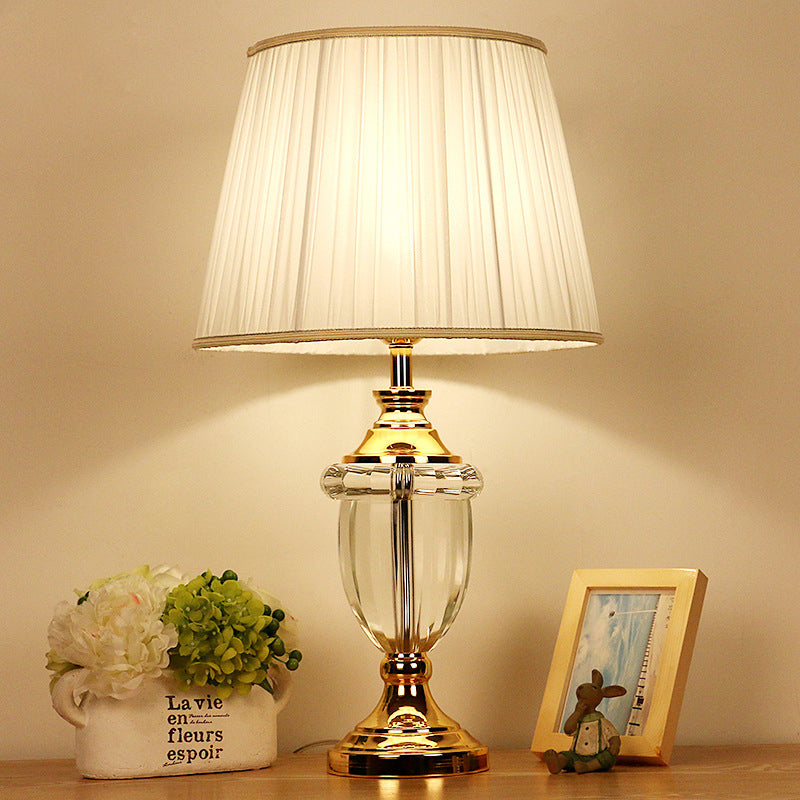 Pleated Lampshade White Nightstand Lamp With Crystal Deco - Stylish Table Light For Bedroom
