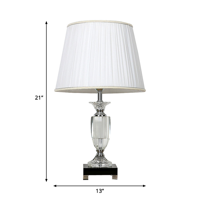 White Fabric Tapered Nightstand Lamp - Traditional Style With Crystal Base 1 Light Night
