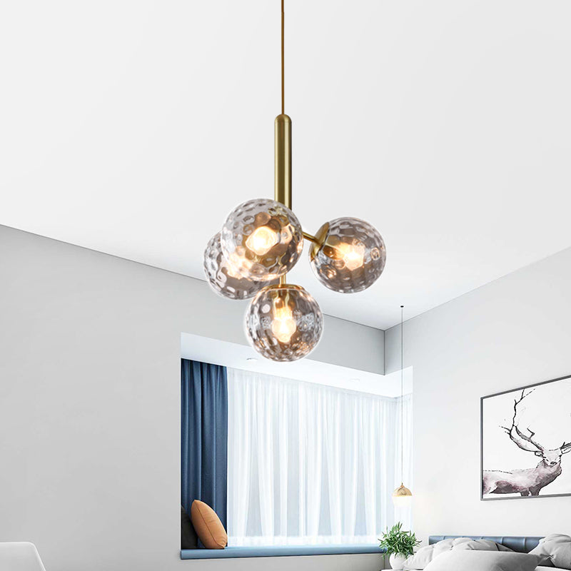 Gold Modernist Glass Globe Chandelier - 4 Heads Dimpled Design Hanging Light Fixture