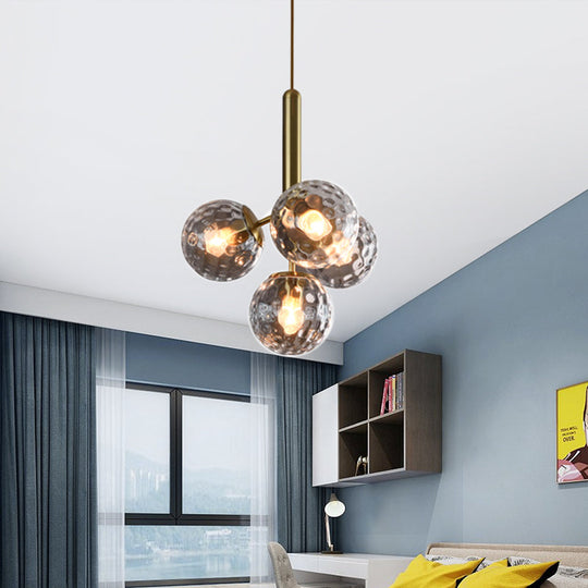 Modern Globe Ceiling Chandelier - Gold, Dimpled Blown Glass, 4 Heads