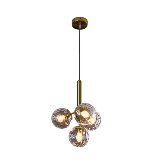 Gold Modernist Glass Globe Chandelier - 4 Heads Dimpled Design Hanging Light Fixture