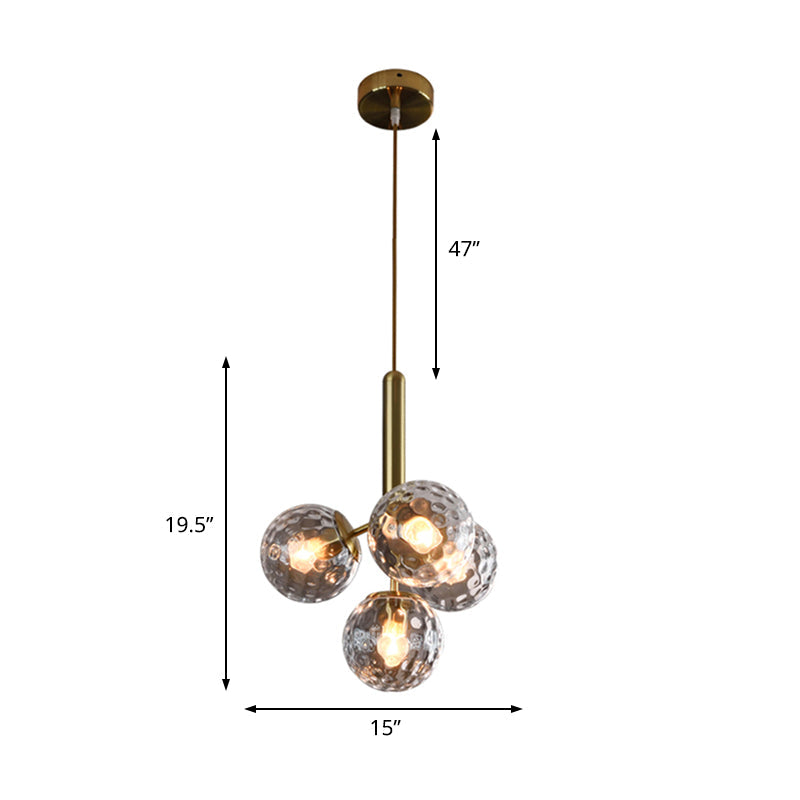Modern Globe Ceiling Chandelier - Gold, Dimpled Blown Glass, 4 Heads