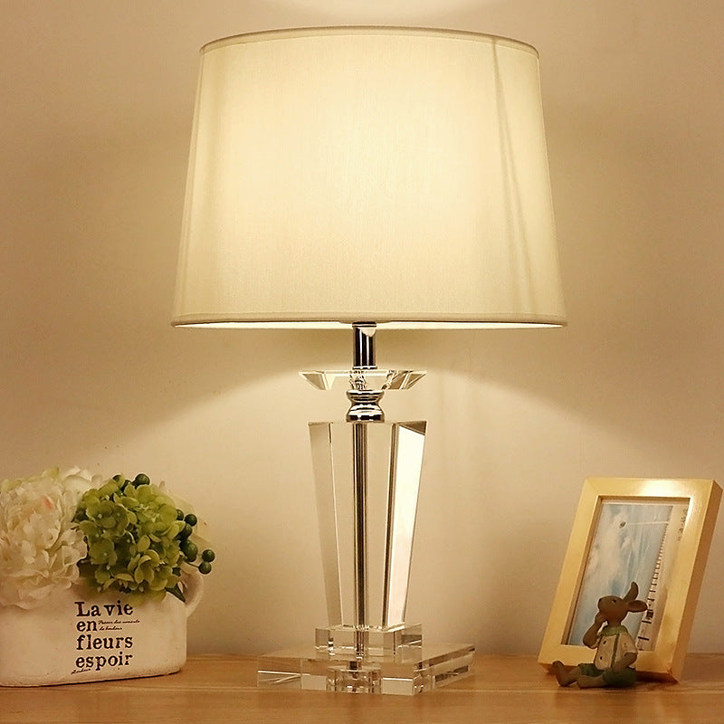 White Drum Nightstand Lamp - Traditional Fabric Bedside Table Light With Crystal Base