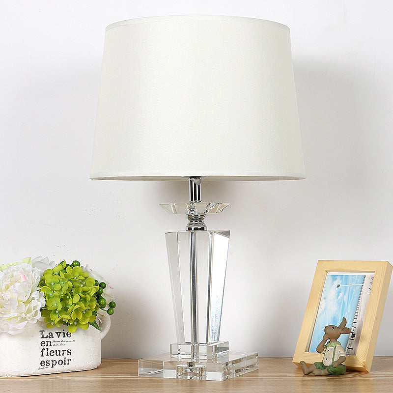 White Drum Nightstand Lamp - Traditional Fabric Bedside Table Light With Crystal Base