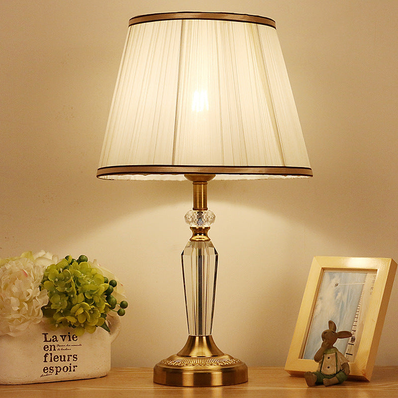 Minimalist Fabric Drum Nightstand Lamp - Single Head White Living Room Night Light With Crystal