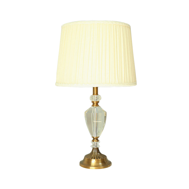 Beige Fabric Nightstand Lamp With Crystal Deco - Simple Pleated Shade Table Light