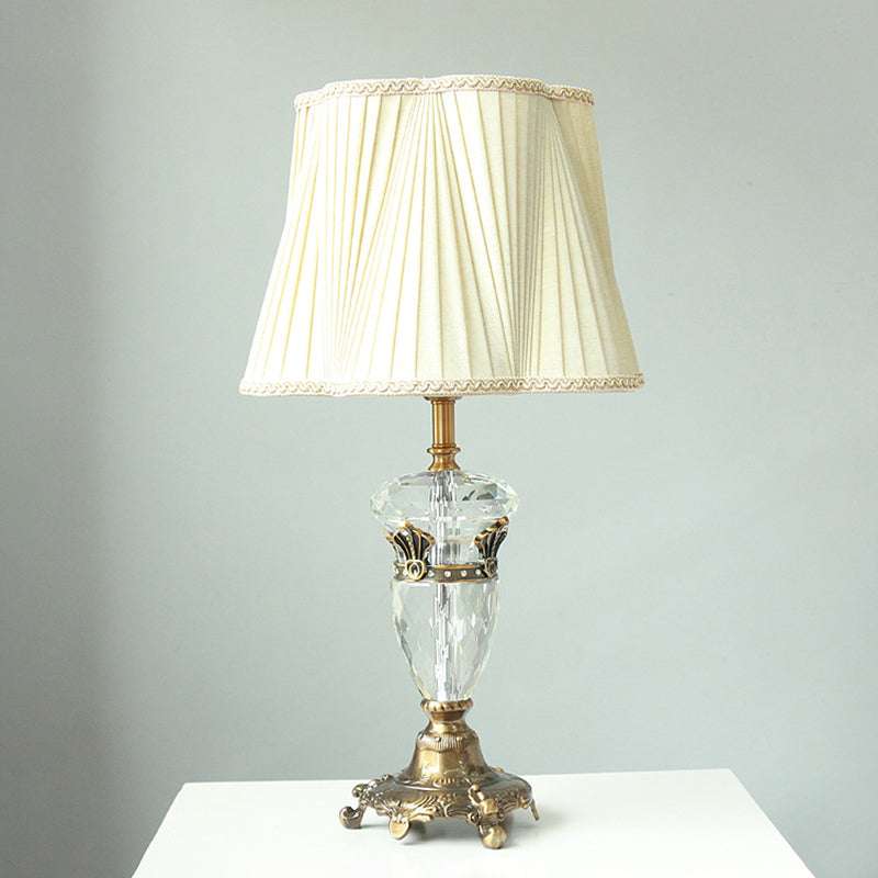 White Fabric Nightstand Lamp: Traditional Drum-Shaped Table Light With Crystal Deco - 1
