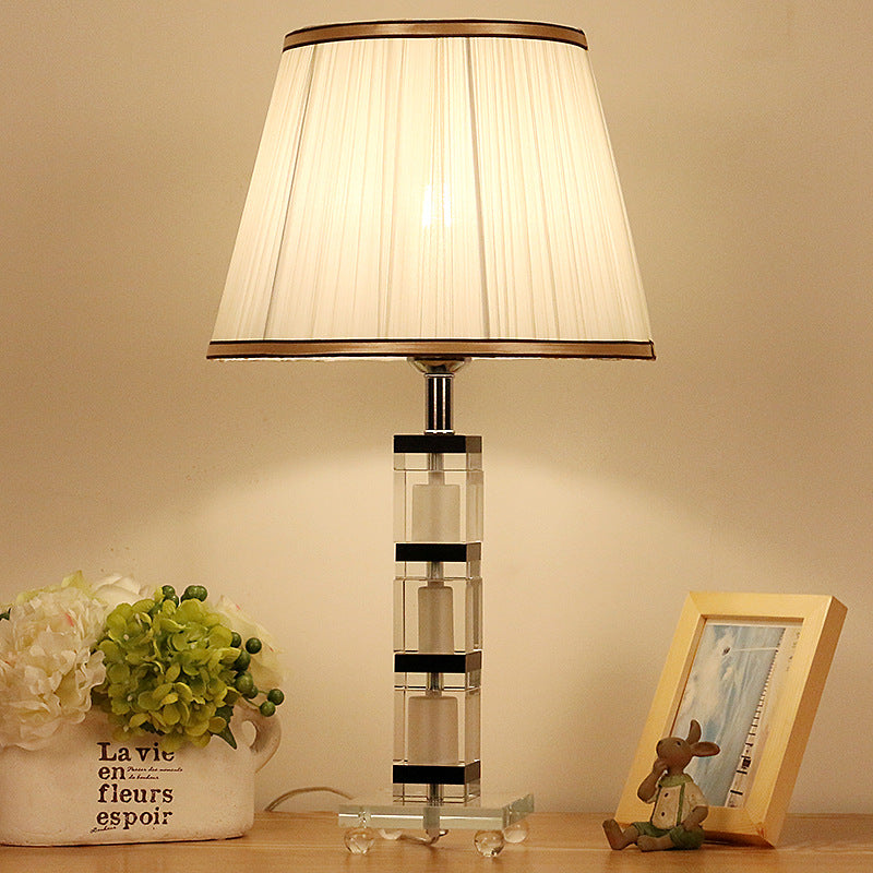 White Pleated Fabric Nightstand Lamp With Crystal Base - Simple & Elegant Table Light For Bedroom