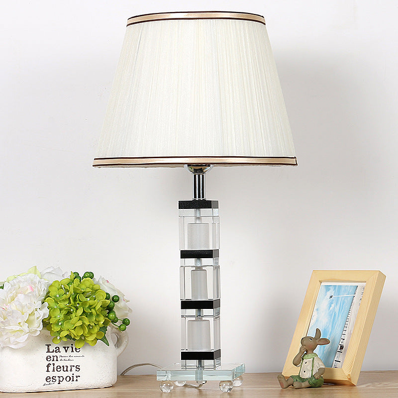White Pleated Fabric Nightstand Lamp With Crystal Base - Simple & Elegant Table Light For Bedroom