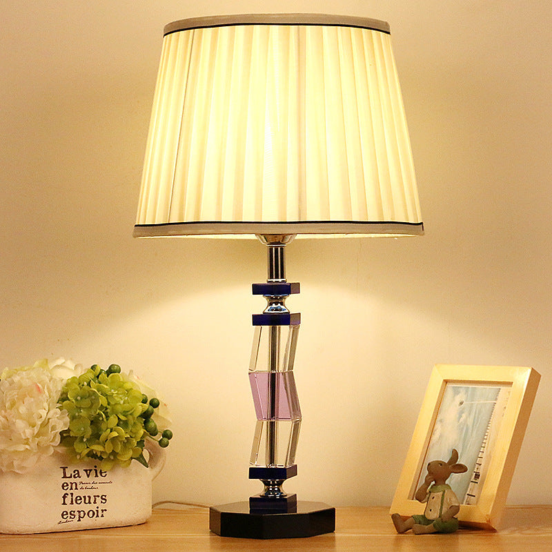 White Tapered Drum Table Lamp - Rustic Countryside Style Single Light Soft Fabric Shade Ideal For