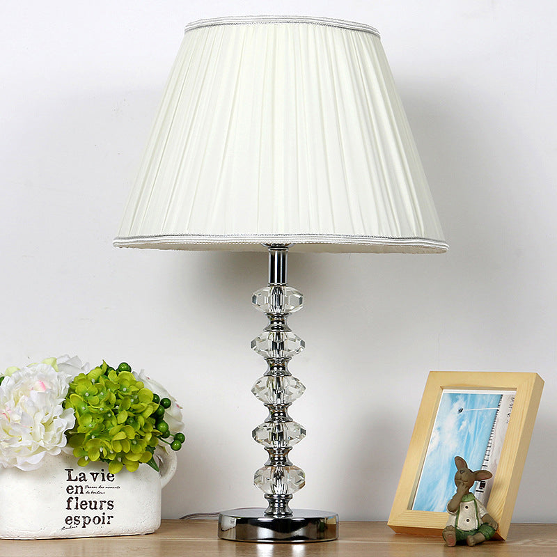 White Single Light Traditional Nightstand Lamp With Crystal Accent And Fabric Empire Shade
