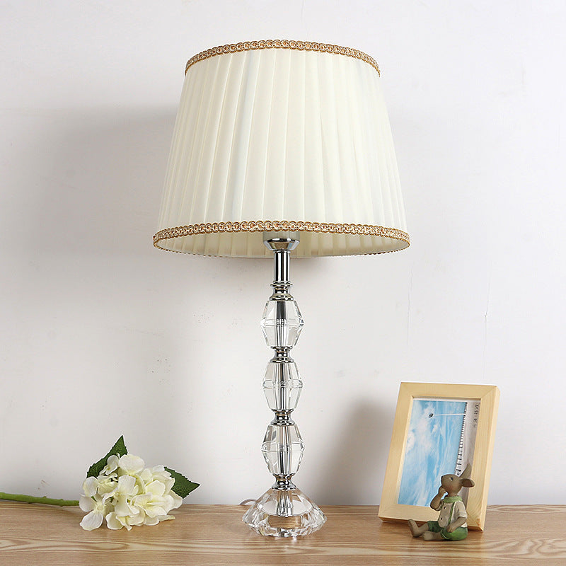 Rustic Style Crystal White Nightstand Lamp With Tapered Drum Shade Bedroom Table Light
