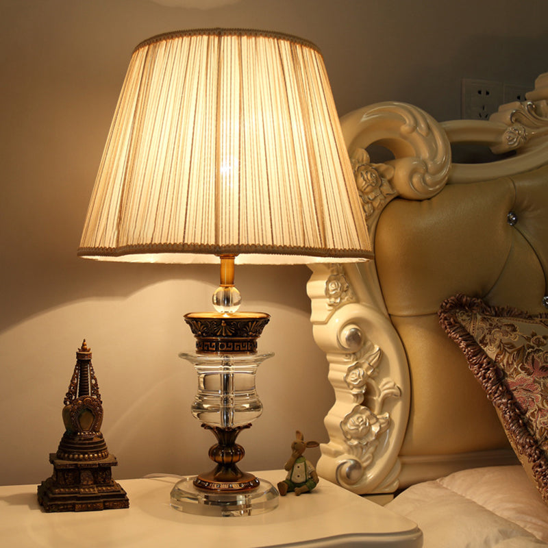 Beige Fabric Table Lamp With Crystal Base - Single Bulb Tapered Night Light Traditional Style