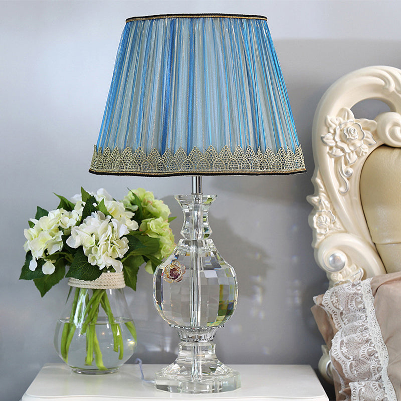 Minimalist Pleated Nightstand Lamp In Blue With Crystal Base - 1-Light Night Light Fabric Lampshade