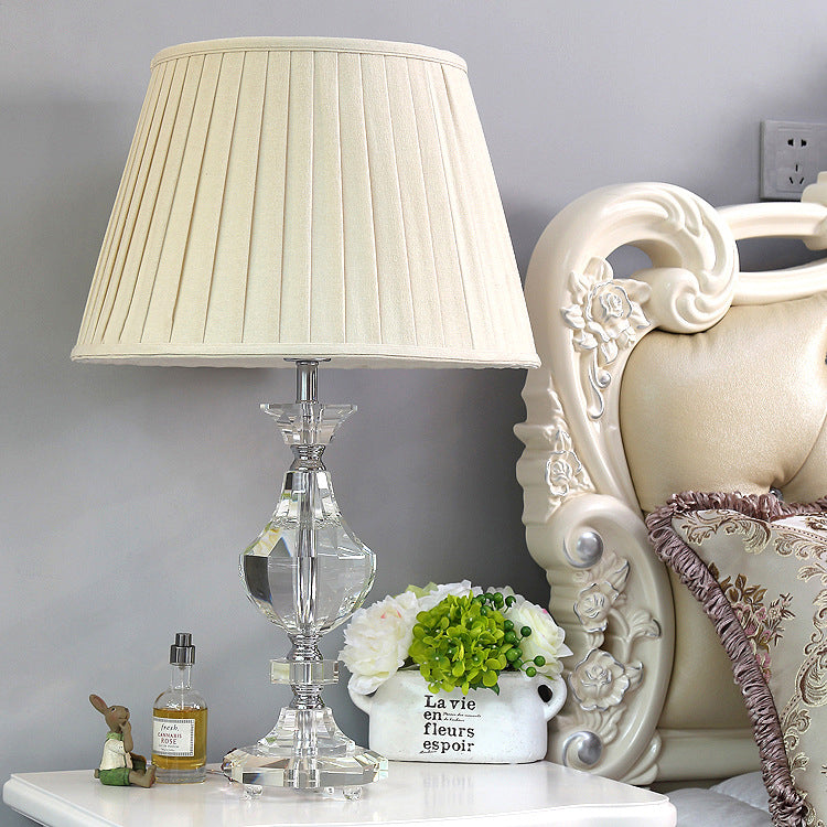 Simple White Fabric Table Lamp With Crystal Base - Perfect For Bedroom Nights