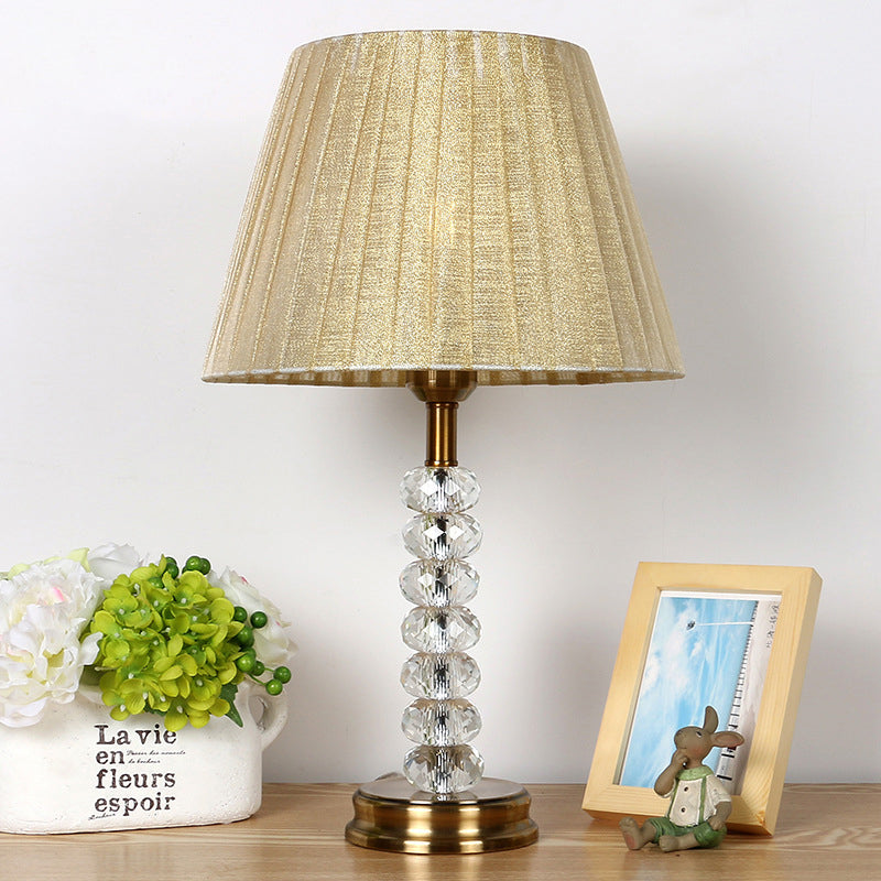 Rustic Clear Crystal Night Table Lamp - Pleated Shade 1 Light Bedroom Nightstand (Beige) Beige