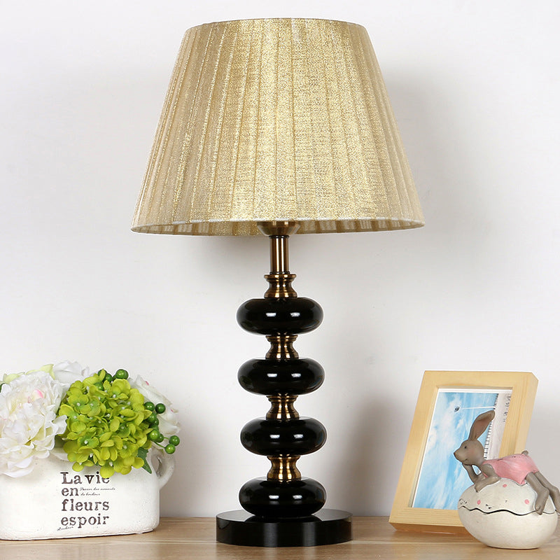 Beige Single Bulb Fabric Conical Nightstand Lamp With Crystal Accent