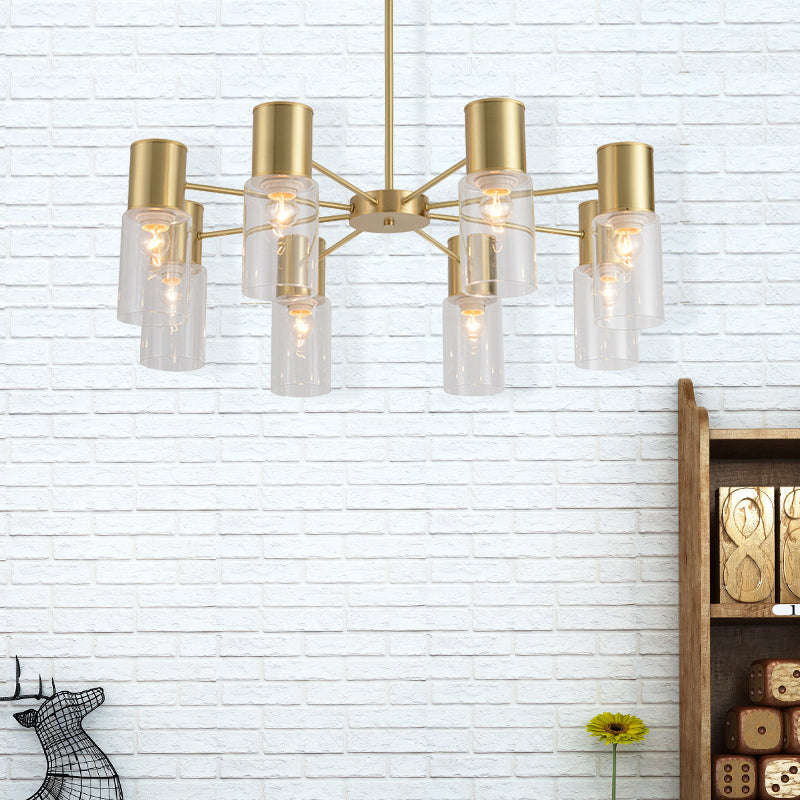 Contemporary 8-Light Brass Chandelier With Clear Glass Shade