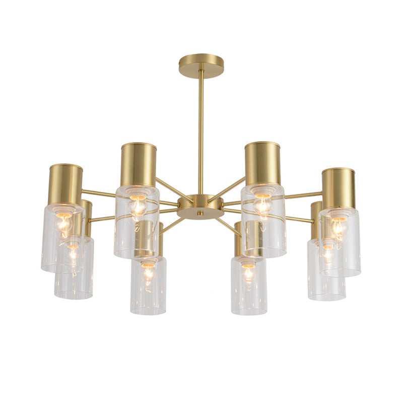 Contemporary 8-Light Brass Chandelier With Clear Glass Shade