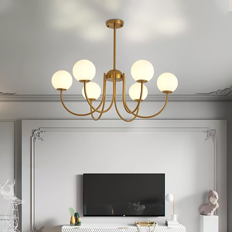 6-Head Living Room Chandelier: Modern Gold Hanging Light With Milk Glass Shade And Orb Design
