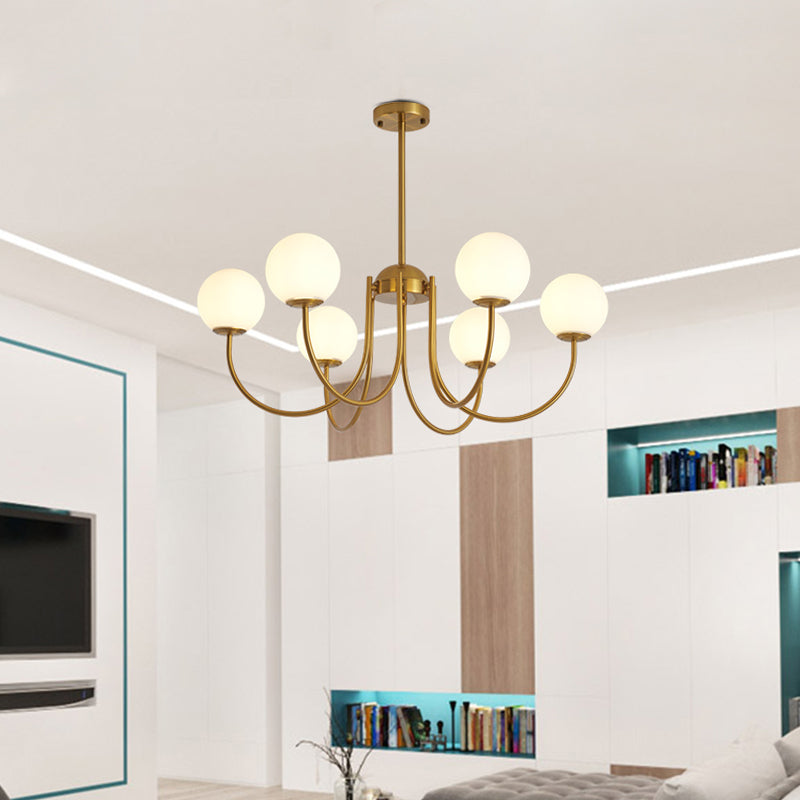 6-Head Living Room Chandelier: Modern Gold Hanging Light With Milk Glass Shade And Orb Design