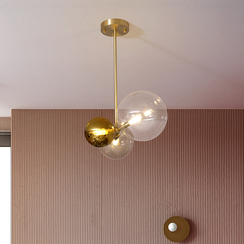 Modernist 3-Head Clear Glass Sphere Chandelier With Gold Accents - Ceiling Pendant Lighting