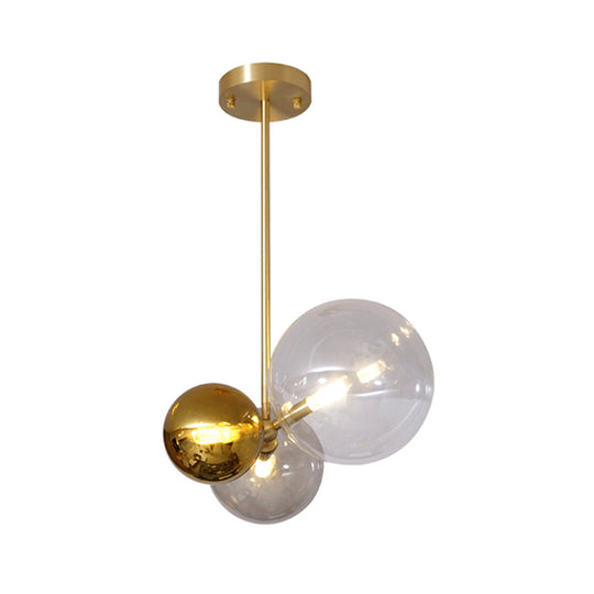 Modernist 3-Head Clear Glass Sphere Chandelier With Gold Accents - Ceiling Pendant Lighting