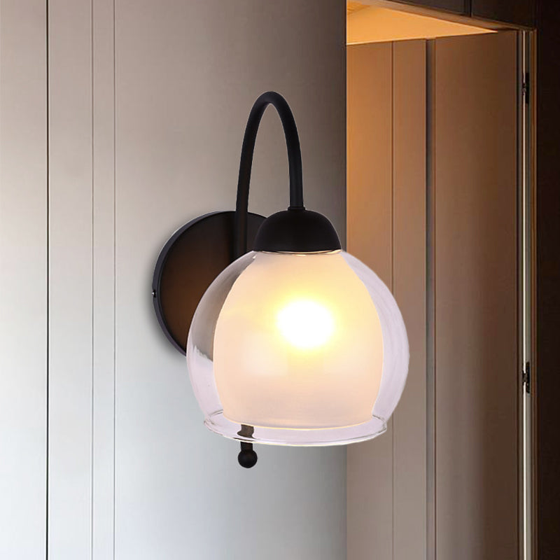 Contemporary Frosted Glass Wall Sconce In Black With Curvy Metal Arm