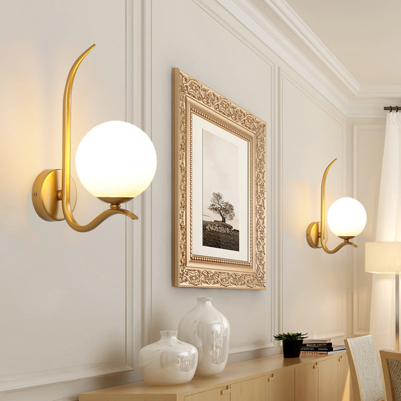 Modernist White Glass Wall Mount Sconce Light - Global Design 1-Bulb Gold Lighting For Bedroom (6/8