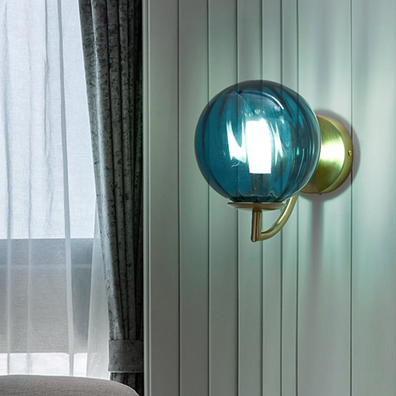 Modern Blue Ribbed Glass Bedroom Wall Sconce Light Fixture