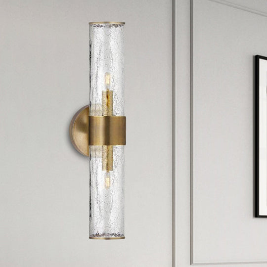 Contemporary Crackle Glass Wall Mounted Lighting: 2 Bulb Cylindrical Sconce In Brass