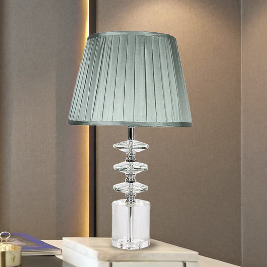 Blue Fabric Night Table Lamp With Clear Crystal Accent - Traditional Conical Design 1 Light