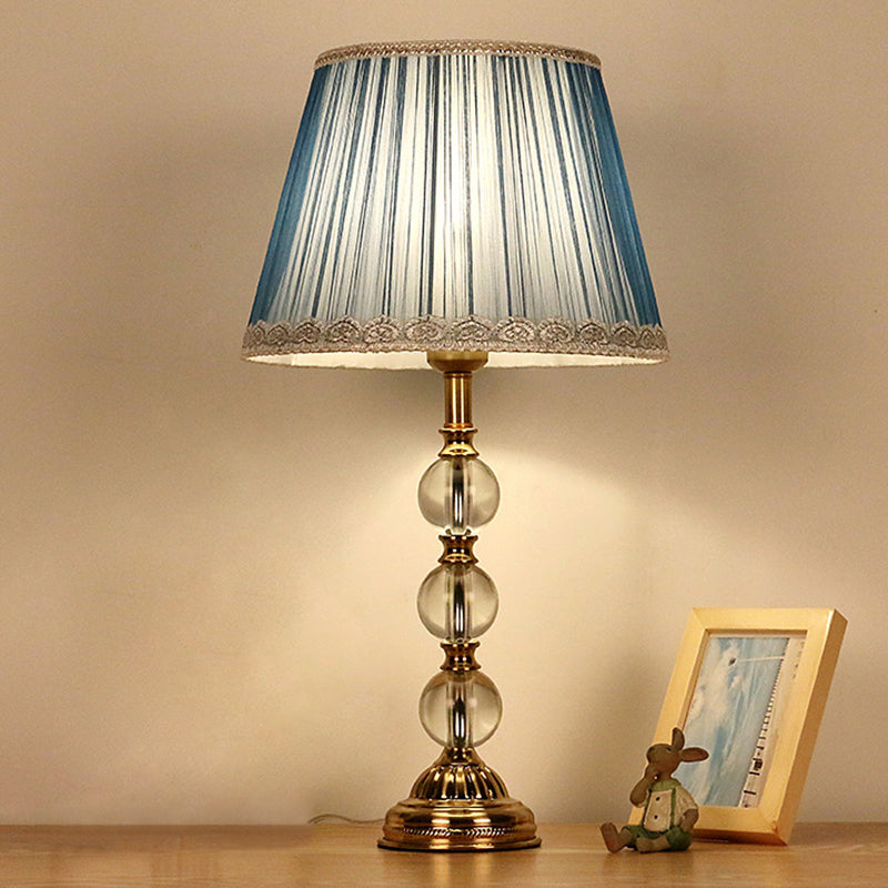 Blue Fabric Nightstand Lamp With Crystal Deco - Classic Pleated Shade For Bedroom