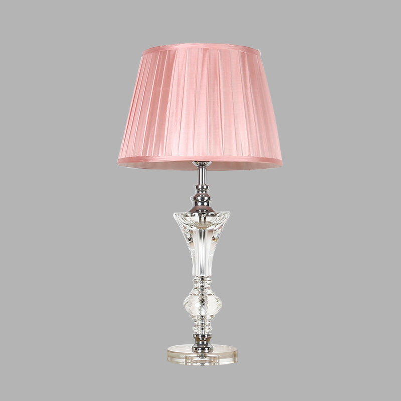 Conical Fabric Night Lamp In Pink/Blue/Beige With Crystal Base - Single Head Table Light Pink