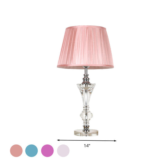 Conical Fabric Night Lamp In Pink/Blue/Beige With Crystal Base - Single Head Table Light