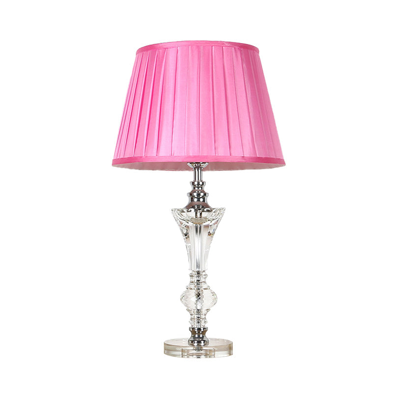 Conical Fabric Night Lamp In Pink/Blue/Beige With Crystal Base - Single Head Table Light