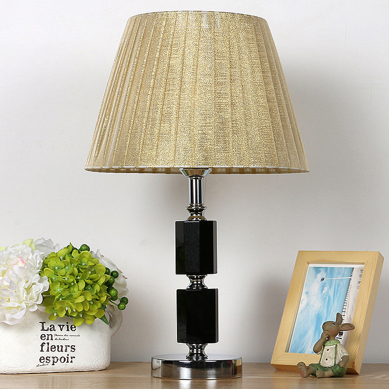 Crystal Table Lamp - Single Bulb Countryside Beige Tapered Drum Design Bedroom Night Light