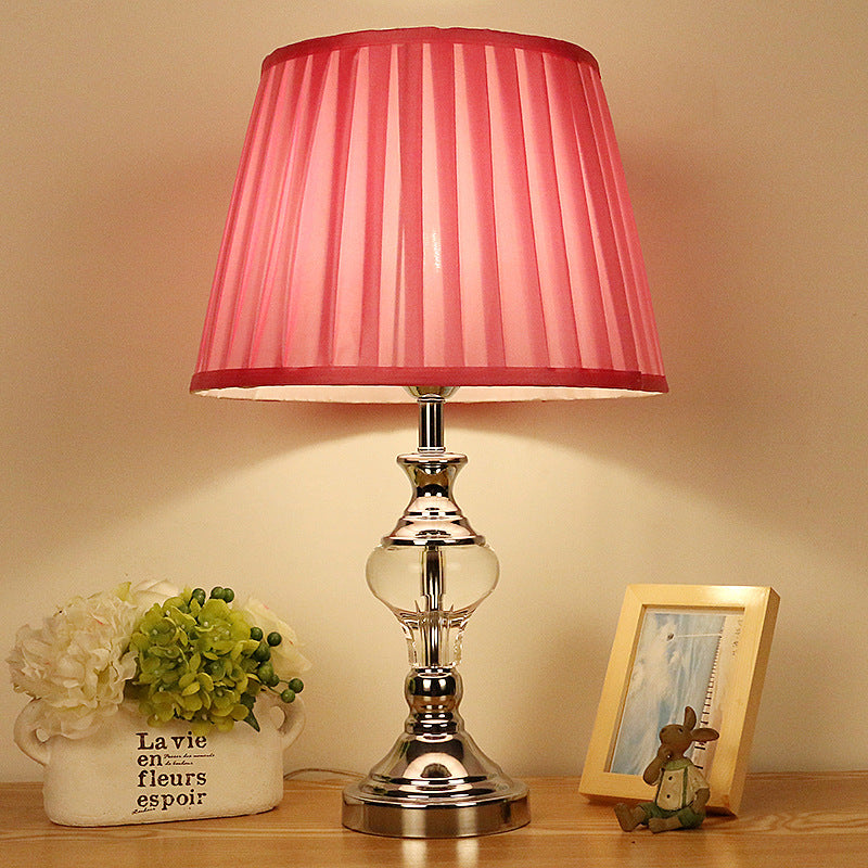 Rose Red Fabric Night Lamp With Crystal Accent For Bedroom Nightstand