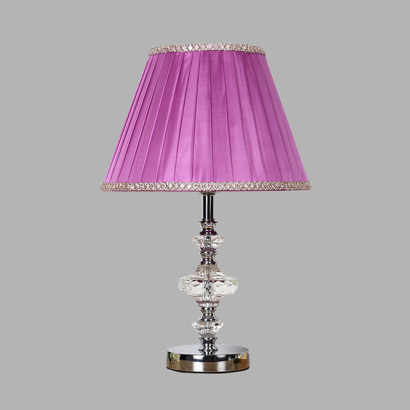 Single Bulb Purple Nightstand Lamp With Crystal Accent - Conical Fabric Light For Bedroom